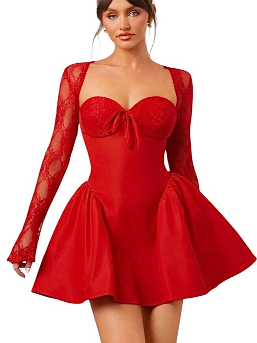 Shein | Red Lace Long Sleeve Ruched Hip Tie Back Mini Dress
